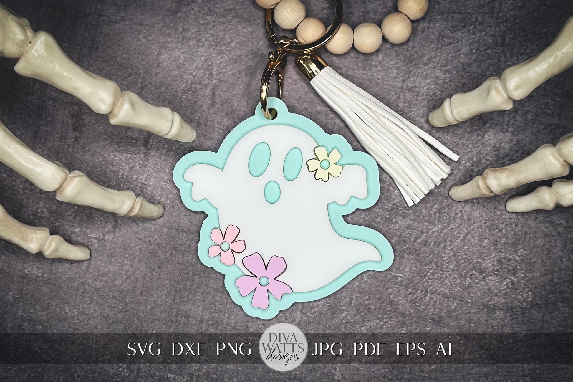 Hippie Ghost Keychain SVG | Flower Ghost Bag Tag | Personalizable Halloween Keychain | Boo Basket Tag