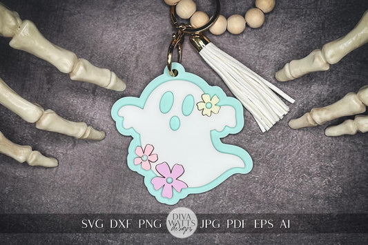Hippie Ghost Keychain SVG | Flower Ghost Bag Tag | Personalizable Halloween Keychain | Boo Basket Tag