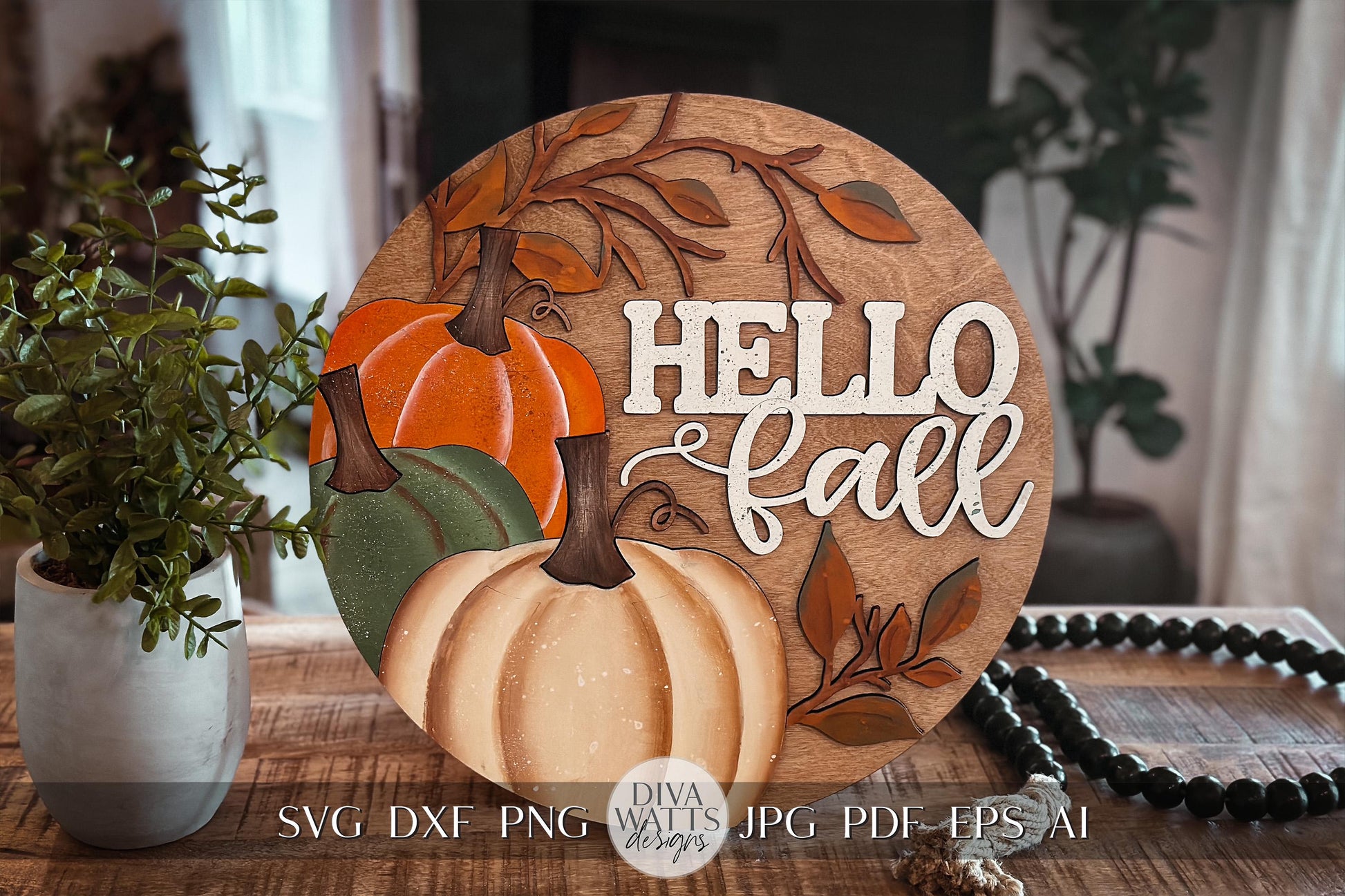 Hello Fall Door Sign SVG | Three Pumpkins and Leaves | Fall Door Décor | Laser Cut Fall Design