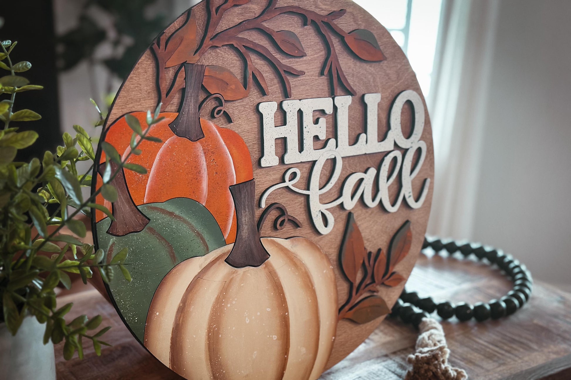 Hello Fall Door Sign SVG | Three Pumpkins and Leaves | Fall Door Décor | Laser Cut Fall Design