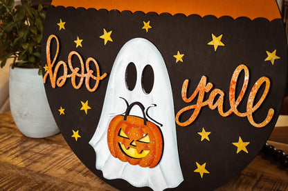 Boo Y'all Ghost with Pumpkin Door Hanger SVG | Halloween Door Decor | Laser Cut File