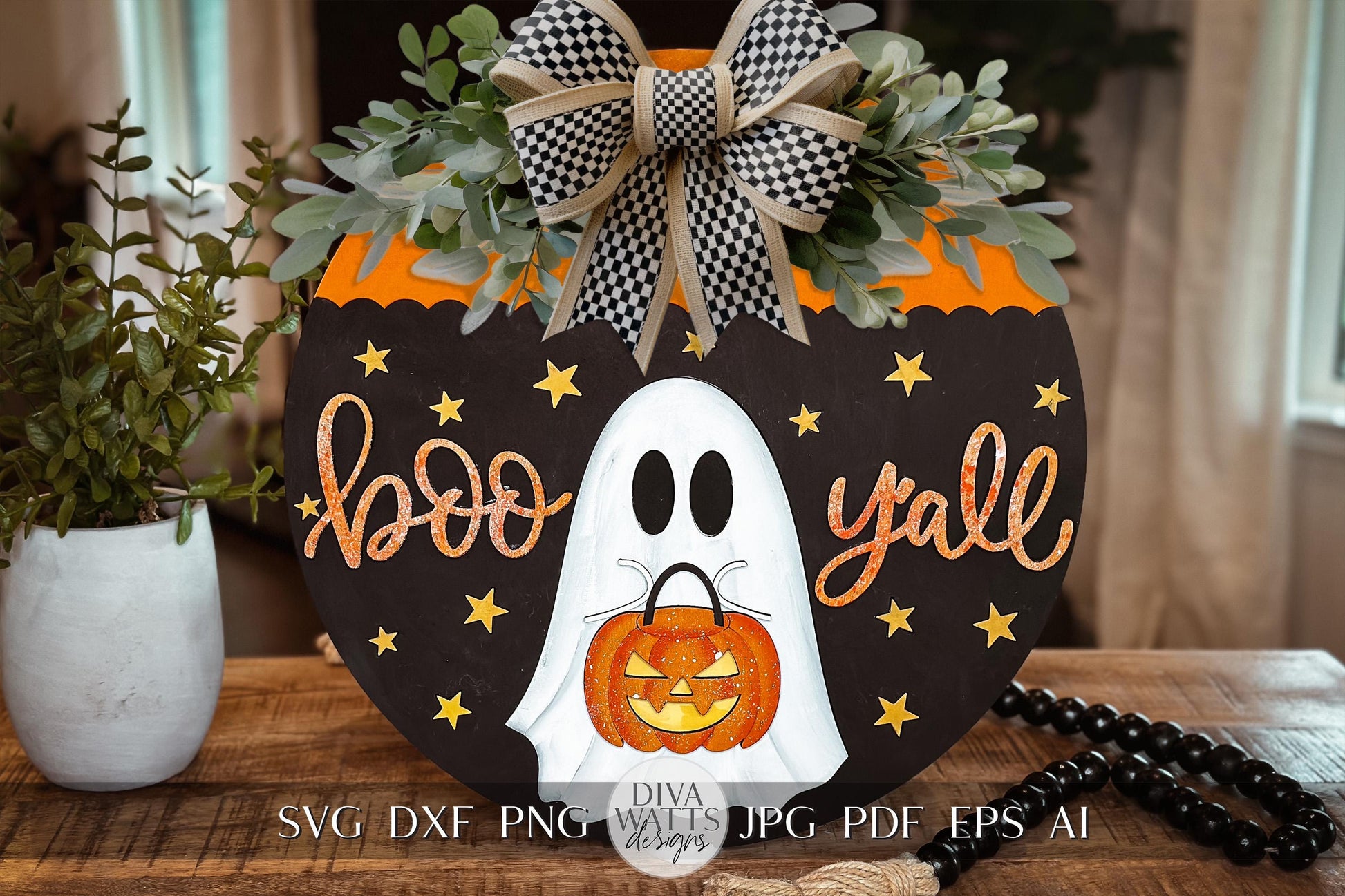 Boo Y'all Ghost with Pumpkin Door Hanger SVG | Halloween Door Decor | Laser Cut File