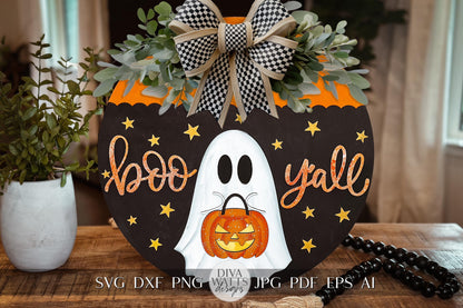 Boo Y'all Ghost with Pumpkin Door Hanger SVG | Halloween Door Decor | Laser Cut File