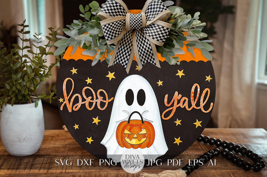 Boo Y'all Ghost with Pumpkin Door Hanger SVG | Halloween Door Decor | Laser Cut File