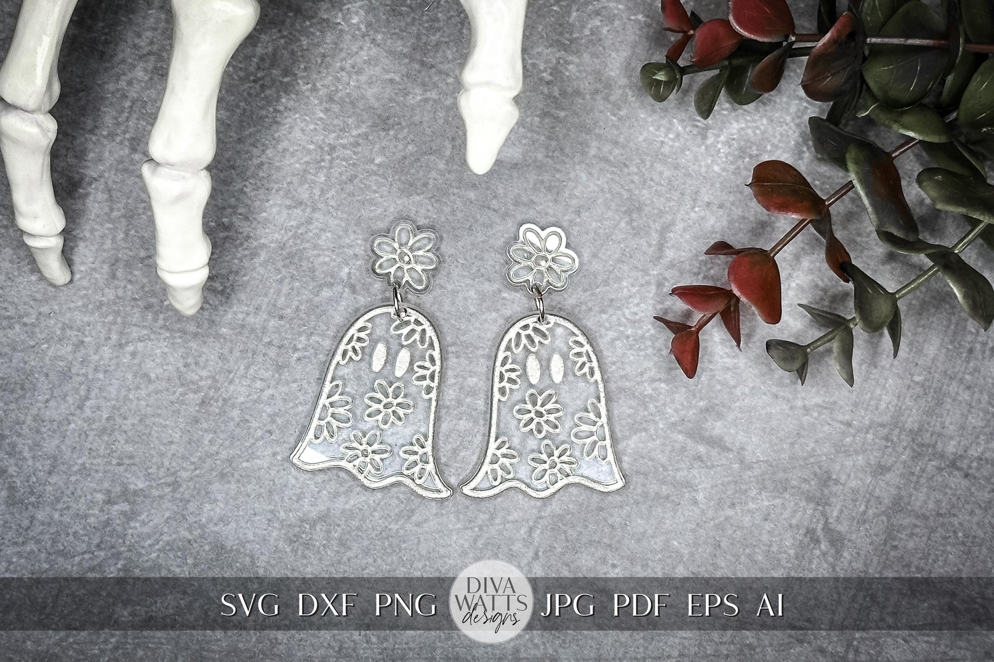 Floral Ghost Earrings SVG, Retro Halloween Earring svg, Glowforge Earring SVG, Ghost Spooky Earrings, Flower Ghost Earring svg, Cute Ghost