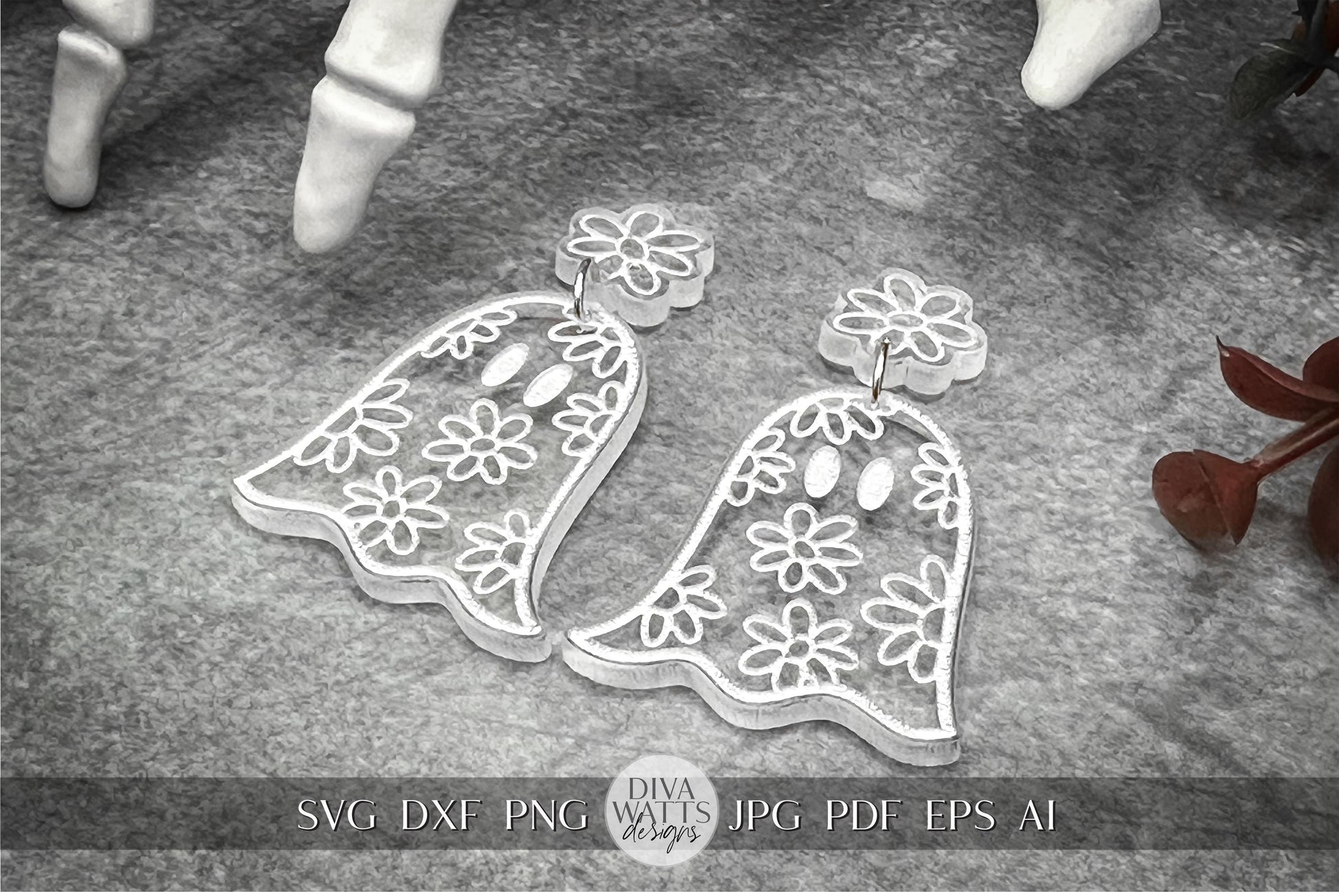 Floral Ghost Earrings SVG, Retro Halloween Earring svg, Glowforge Earring SVG, Ghost Spooky Earrings, Flower Ghost Earring svg, Cute Ghost