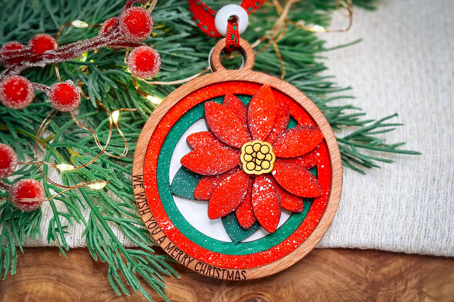 Poinsettia Layered Christmas Ornament SVG, We Wish You a Merry Christmas Ornament, Laser Cut Ornament, 3D Poinsettia Ornament Glowforge svg