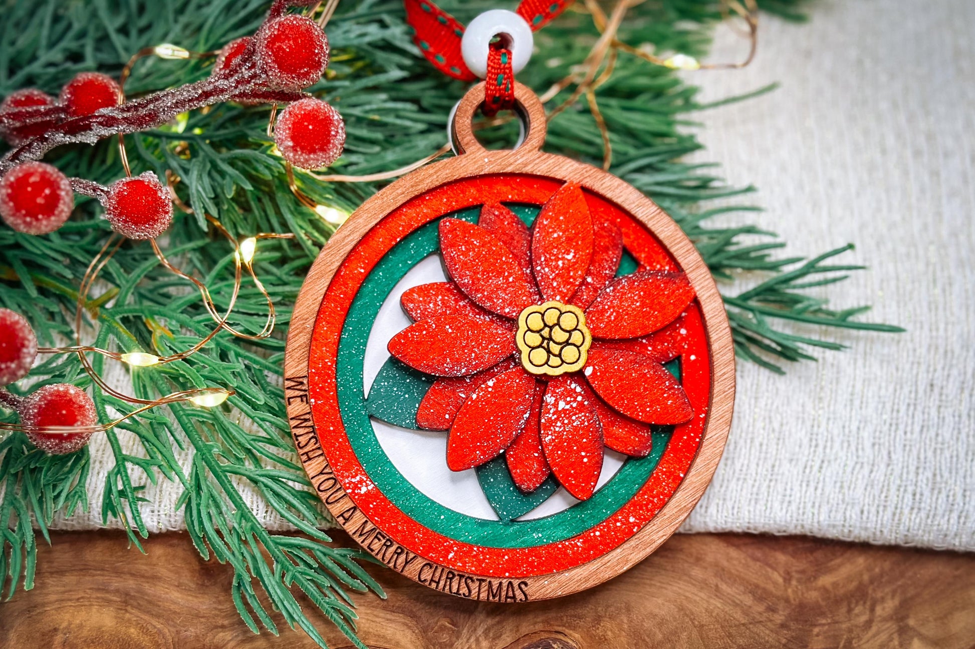 Poinsettia Layered Christmas Ornament SVG, We Wish You a Merry Christmas Ornament, Laser Cut Ornament, 3D Poinsettia Ornament Glowforge svg