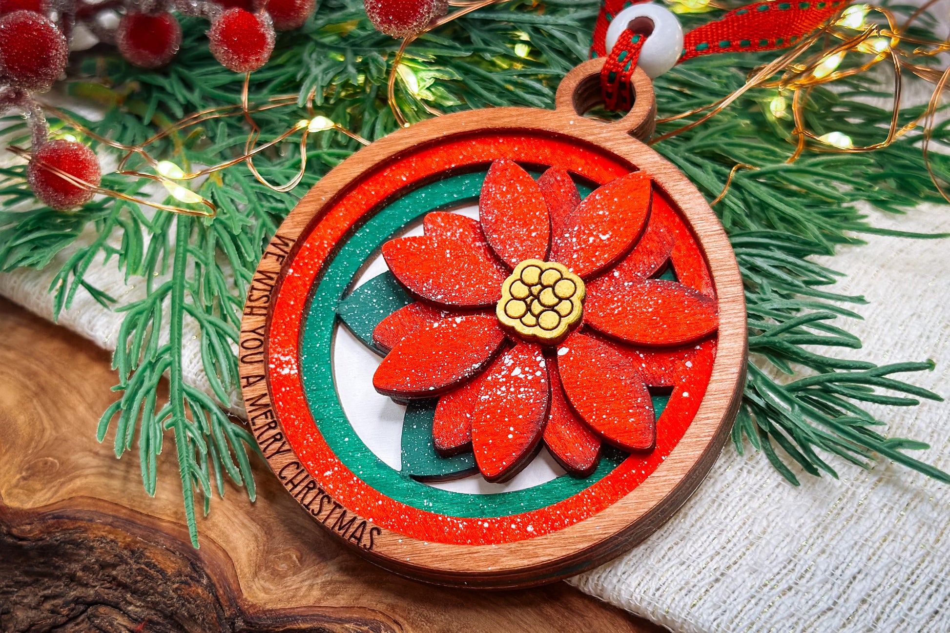 Poinsettia Layered Christmas Ornament SVG, We Wish You a Merry Christmas Ornament, Laser Cut Ornament, 3D Poinsettia Ornament Glowforge svg
