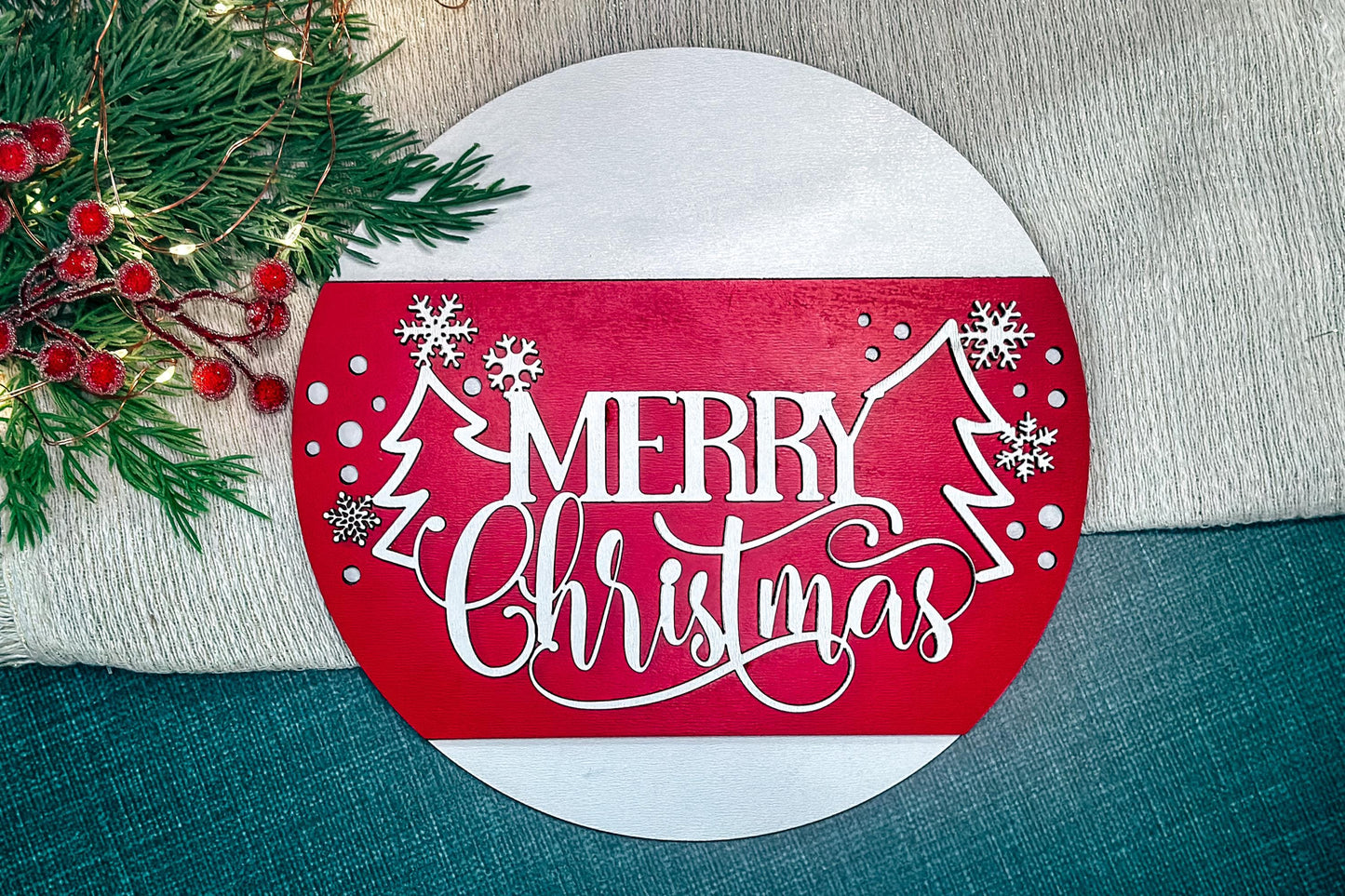 Merry Christmas Layered Door Hanger SVG for Laser - Festive Snowflakes, Trees, and Flourished Script Holiday Cut File Easy Assembly Decor