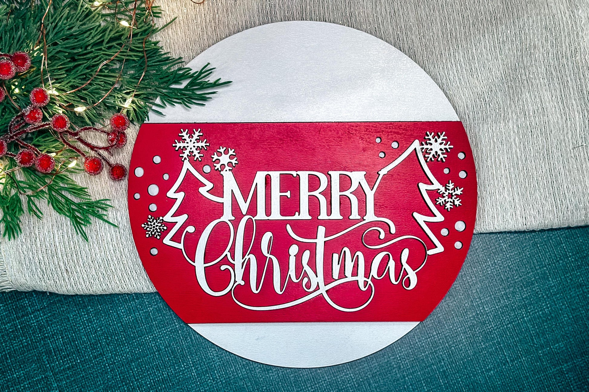 Merry Christmas Layered Door Hanger SVG for Laser - Festive Snowflakes, Trees, and Flourished Script Holiday Cut File Easy Assembly Decor