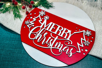 Merry Christmas Layered Door Hanger SVG for Laser - Festive Snowflakes, Trees, and Flourished Script Holiday Cut File Easy Assembly Decor