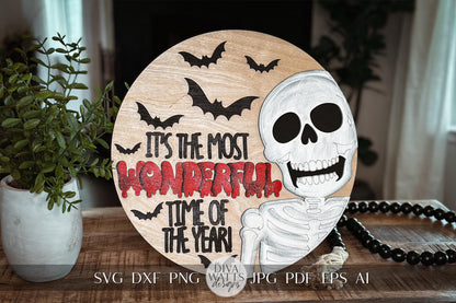 It's the Most Wonderful Time of the Year SVG | Smiling Skeleton, Bats & Dripping Text | Halloween Spin on Classic Holiday | Laser Cut File