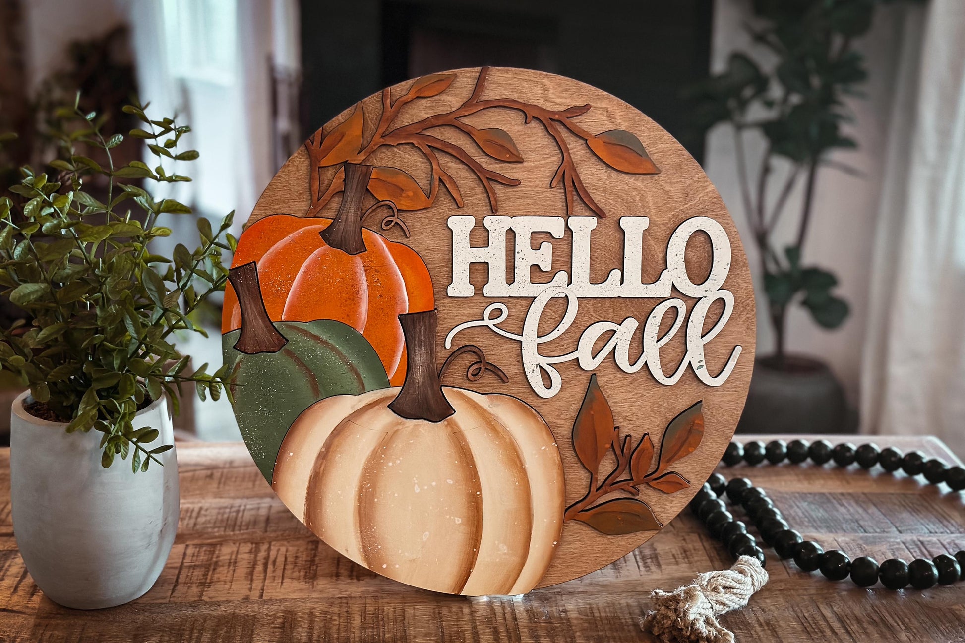 Hello Fall Door Sign SVG | Three Pumpkins and Leaves | Fall Door Décor | Laser Cut Fall Design