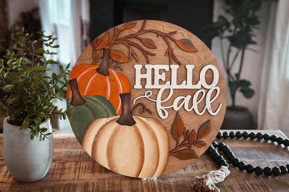 Hello Fall Door Sign SVG | Three Pumpkins and Leaves | Fall Door Décor | Laser Cut Fall Design