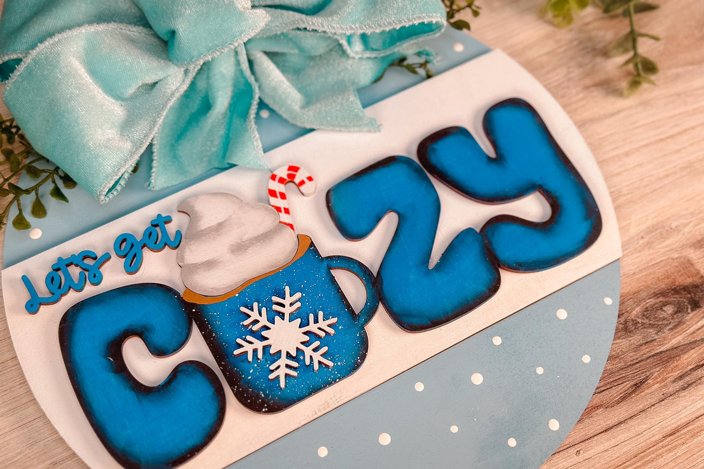 Let’s Get Cozy Door Hanger SVG | Cozy Mug with Snowflake Laser Cut File | Winter Home Decor for Laser Machines