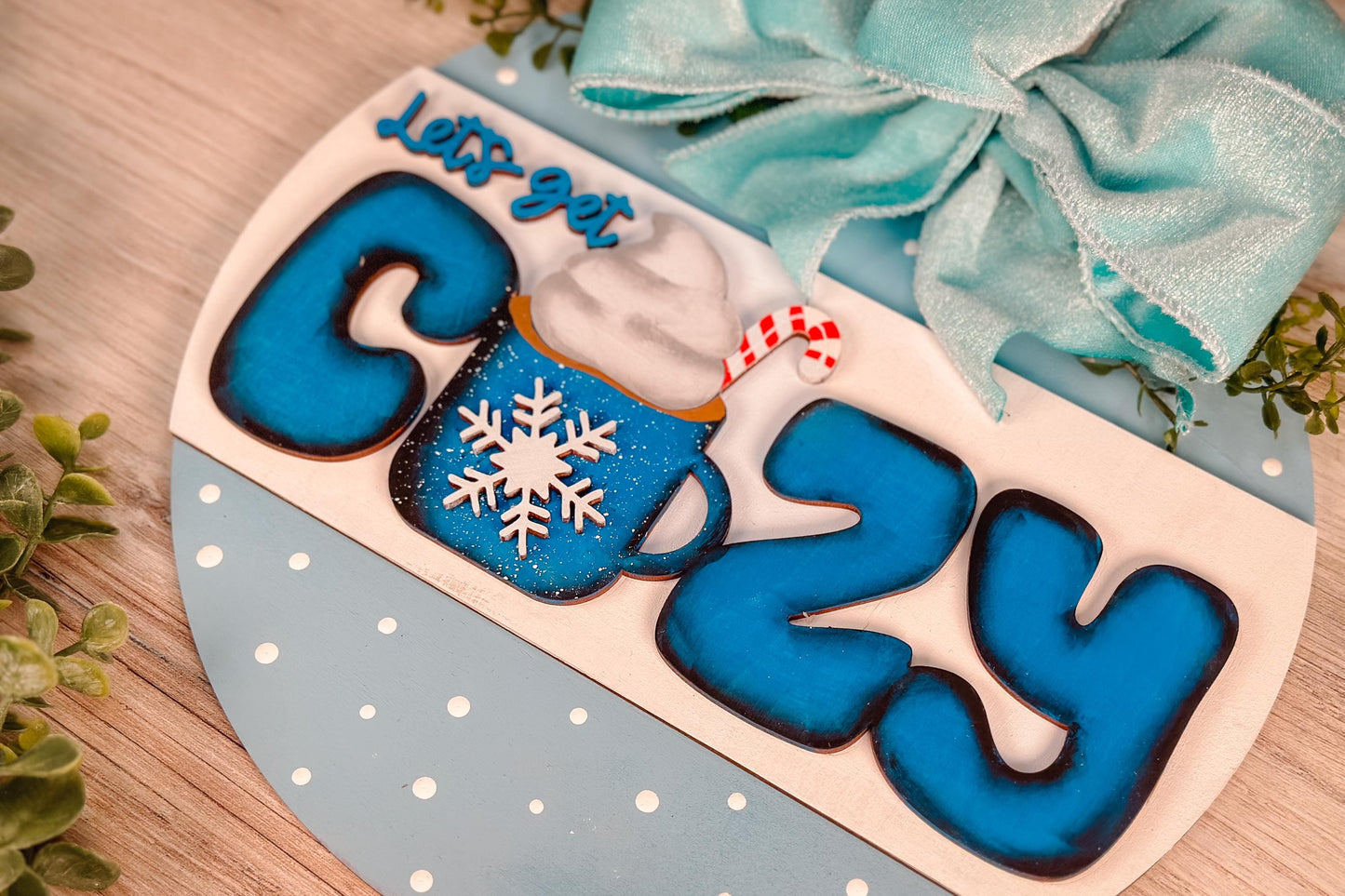 Let’s Get Cozy Door Hanger SVG | Cozy Mug with Snowflake Laser Cut File | Winter Home Decor for Laser Machines