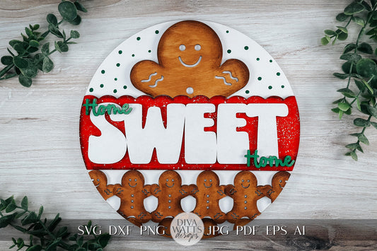 Home Sweet Home Gingerbread Door Hanger SVG | Cute Gingerbread Men Christmas Decor | Holiday Laser Cut File