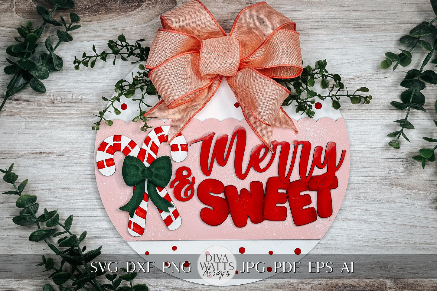 Merry & Sweet Candy Cane Door Hanger SVG - Holiday Scallop Design - Festive Laser Cut File - Christmas Home Decor - DIY Craft Template