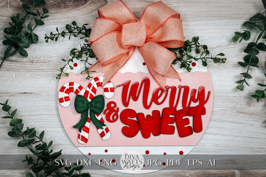Merry & Sweet Candy Cane Door Hanger SVG - Holiday Scallop Design - Festive Laser Cut File - Christmas Home Decor - DIY Craft Template