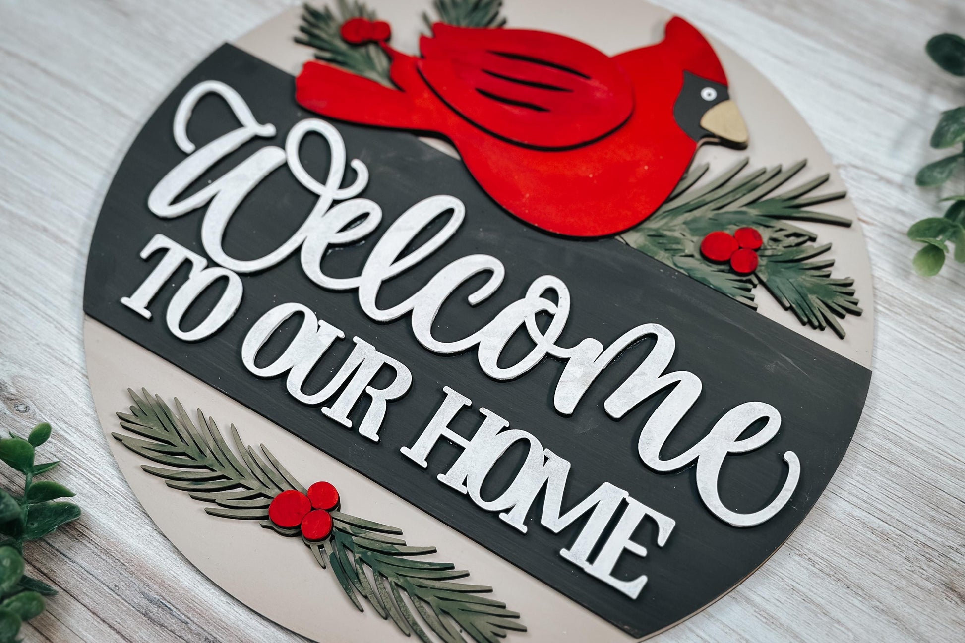 Welcome to Our Home" Cardinal Sign | Pine Branches & Berries SVG | Winter Home Decor | Laser Cut File | Festive Wall Art