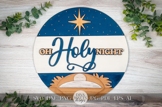 Oh Holy Night SVG – Baby Jesus in Manger with Star of Bethlehem | Religious Christmas Laser Cut Design | Nativity Scene Decor