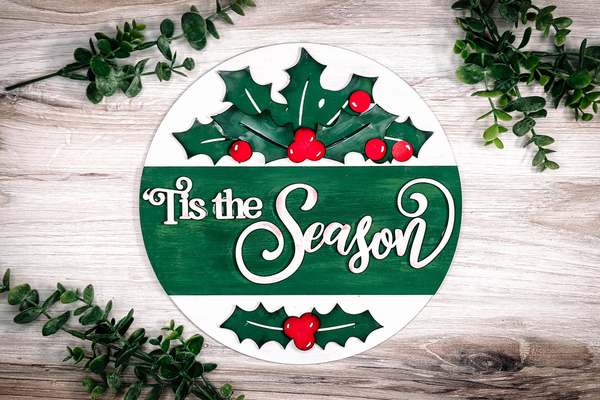Tis the Season Laser Cut File | Festive Round Sign with Holly and Text Strip | Christmas Door Hanger SVG