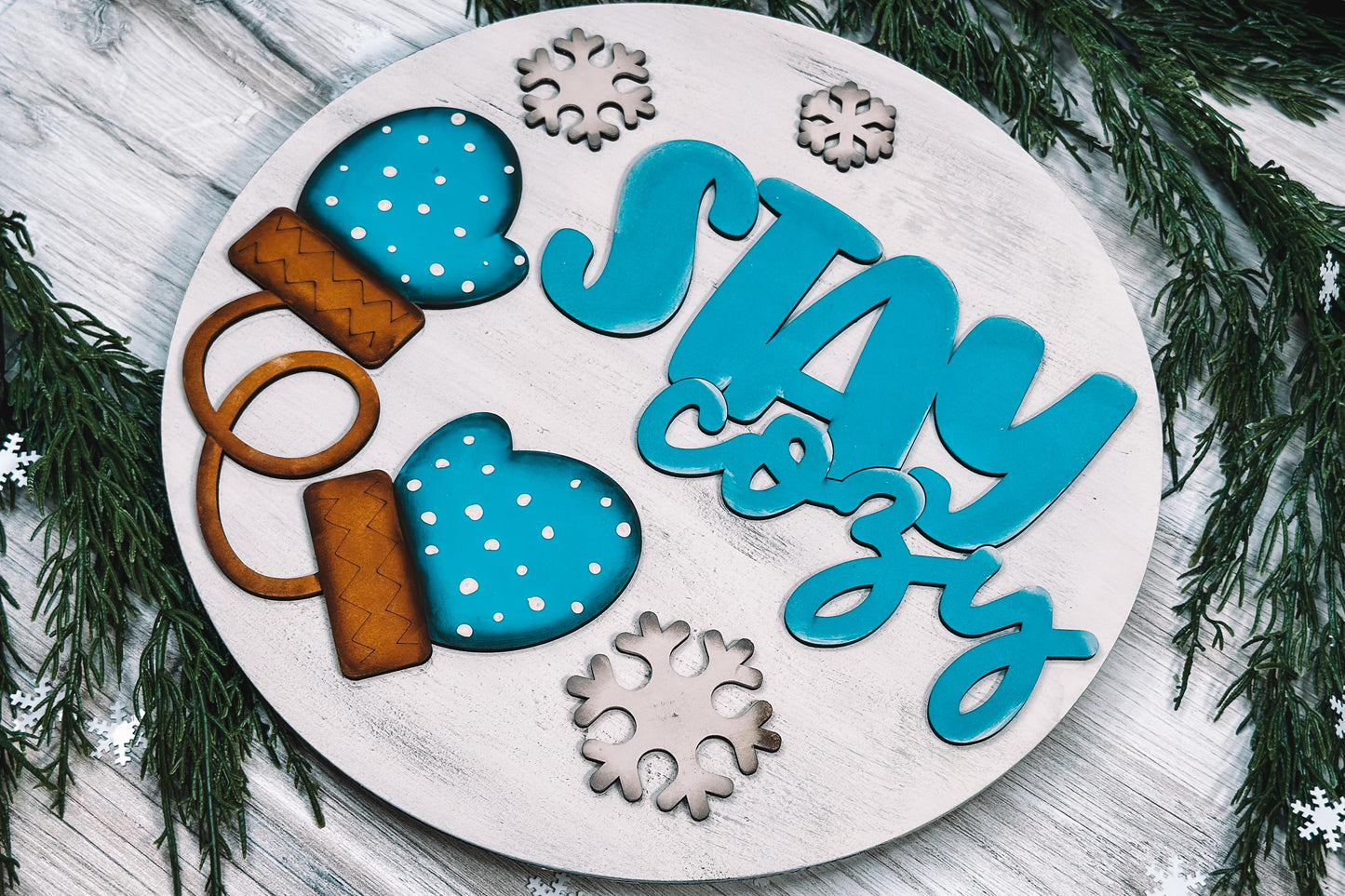 Stay Cozy Door Hanger SVG, Winter Mittens and Snowflakes Laser Cut File, Cozy Winter Decor, Easy DIY Laser Door Hanger