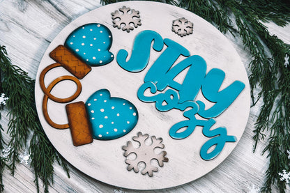 Stay Cozy Door Hanger SVG, Winter Mittens and Snowflakes Laser Cut File, Cozy Winter Decor, Easy DIY Laser Door Hanger