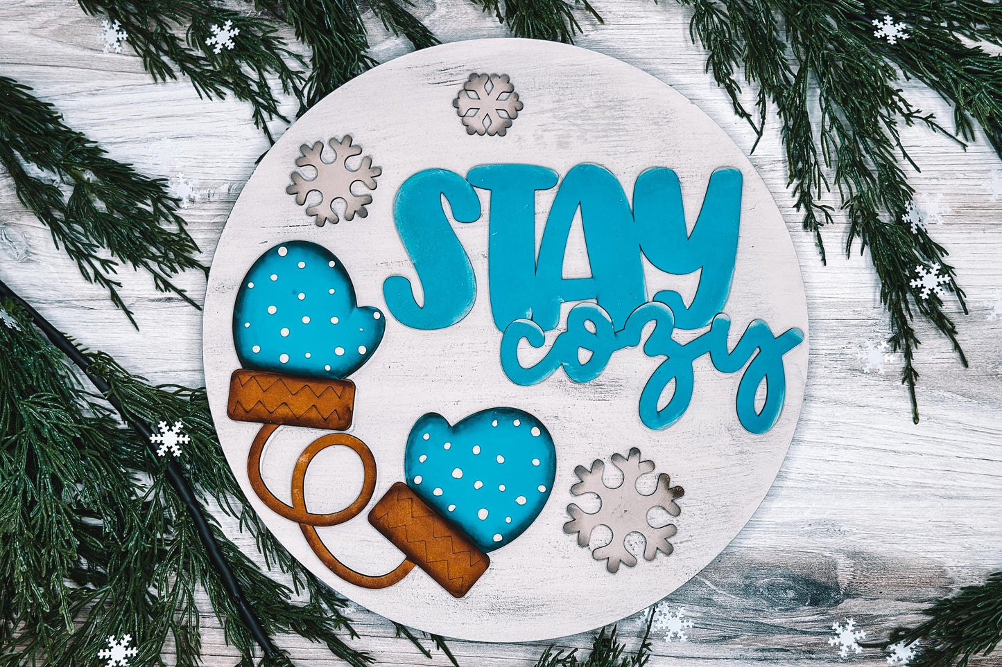 Stay Cozy Door Hanger SVG, Winter Mittens and Snowflakes Laser Cut File, Cozy Winter Decor, Easy DIY Laser Door Hanger
