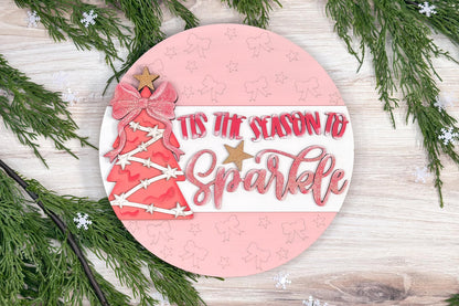 Tis the Season to Sparkle Door Hanger SVG with Tree & Bow, Holiday Laser Cut File, Festive DIY Decor