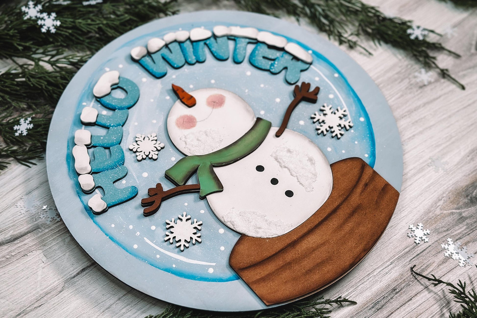 Hello Winter Snowman Snowglobe SVG with Falling Snowflakes, Winter Laser Cut File, DIY Holiday Decor