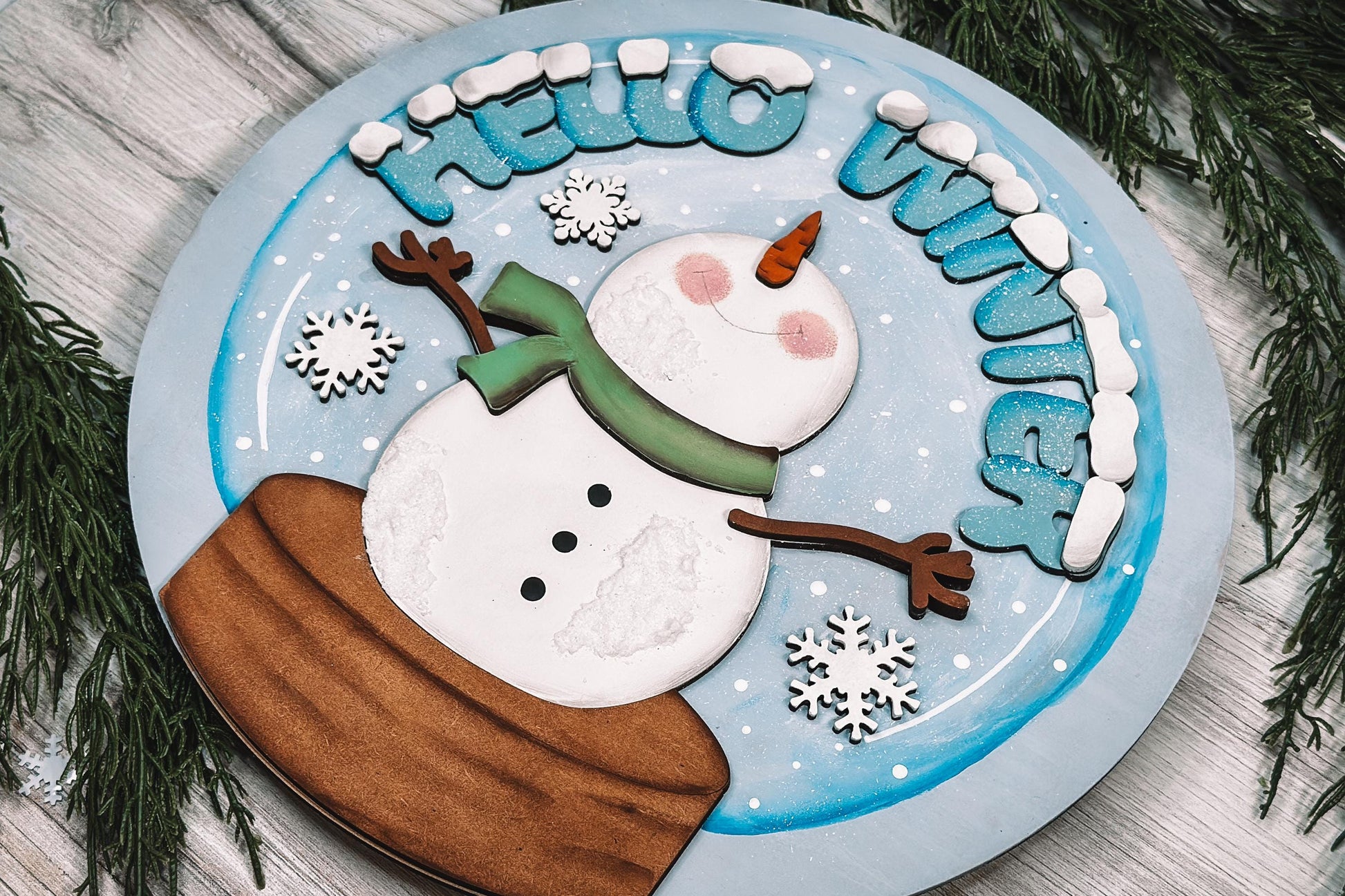 Hello Winter Snowman Snowglobe SVG with Falling Snowflakes, Winter Laser Cut File, DIY Holiday Decor