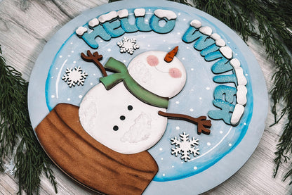 Hello Winter Snowman Snowglobe SVG with Falling Snowflakes, Winter Laser Cut File, DIY Holiday Decor