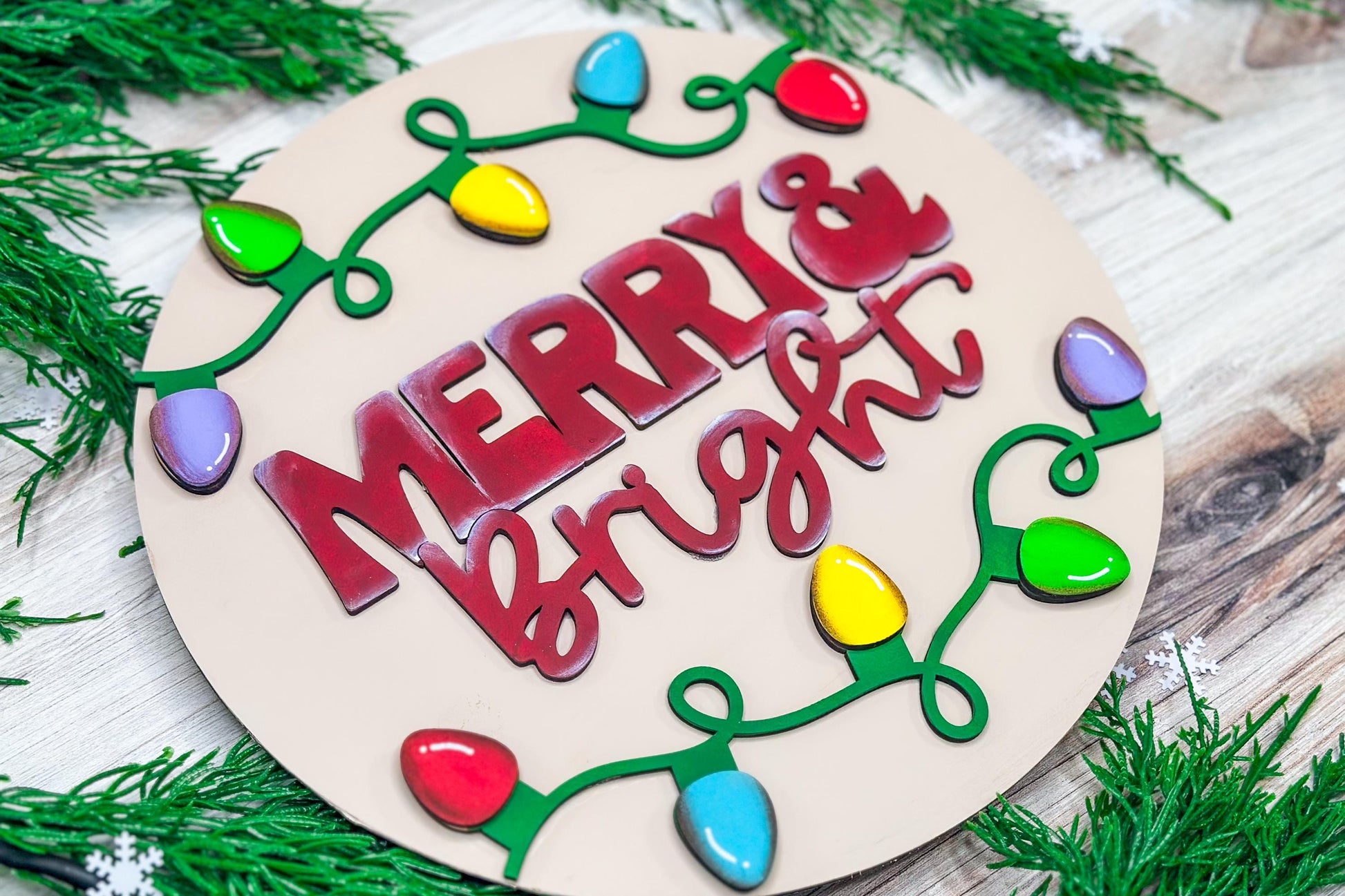 Merry & Bright Christmas Lights Laser Cut Door Hanger SVG | Holiday Decor Glowforge Ready Digital File