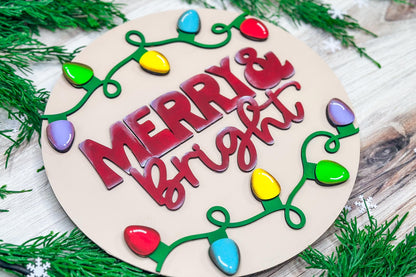 Merry & Bright Christmas Lights Laser Cut Door Hanger SVG | Holiday Decor Glowforge Ready Digital File