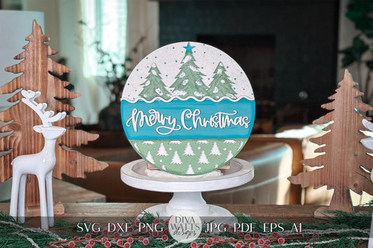 Christmas Tree Laser Cut File | "Merry Christmas" SVG Round Door Hanger | Festive Holiday Laser Cut Christmas Decor