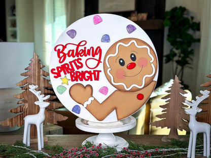 Gingerbread Man Baking Spirits Bright SVG Laser Cut File – Christmas Round Door Hanger Holiday Décor
