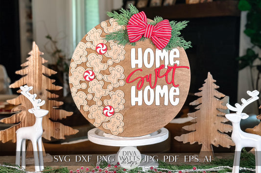 Home Sweet Home Gingerbread Men SVG Laser Cut File – Christmas Round Door Hanger Holiday Décor