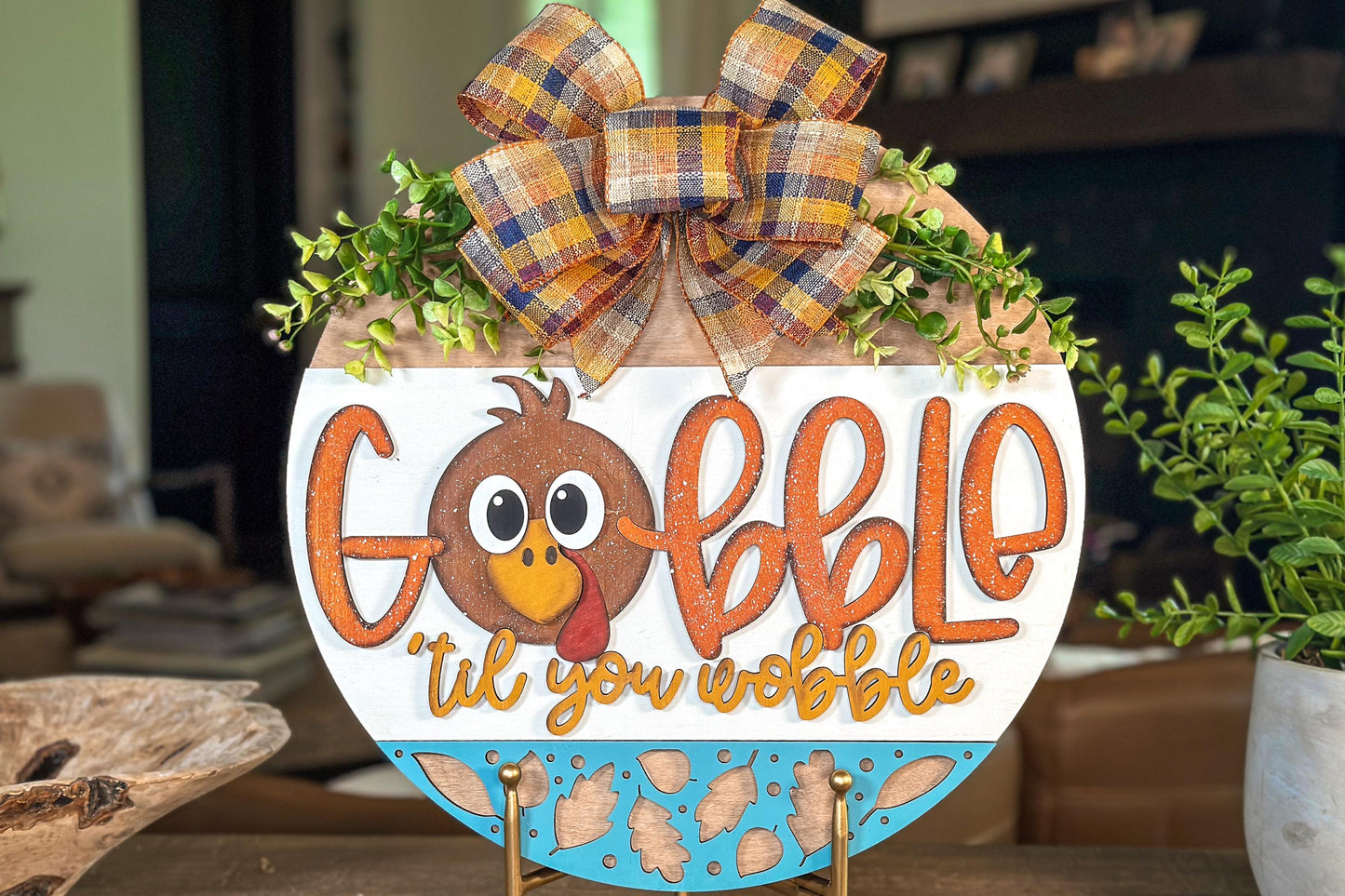 Thanksgiving Turkey Door Hanger SVG Laser File - "Gobble Til You Wobble" Fall Decor, Thanksgiving Round Door Sign Cut File