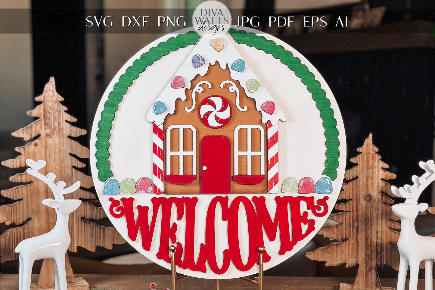 Gingerbread House Christmas Door Hanger SVG, Laser Cut Welcome Sign, Holiday Candy Decor, Christmas Porch Round Sign File
