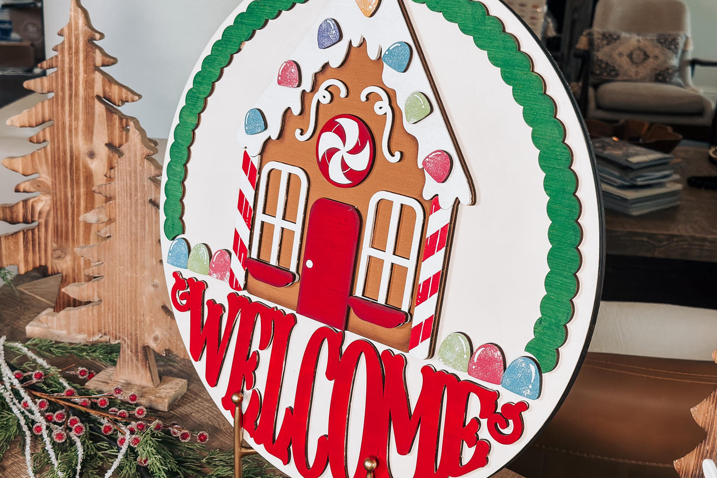 Gingerbread House Christmas Door Hanger SVG, Laser Cut Welcome Sign, Holiday Candy Decor, Christmas Porch Round Sign File