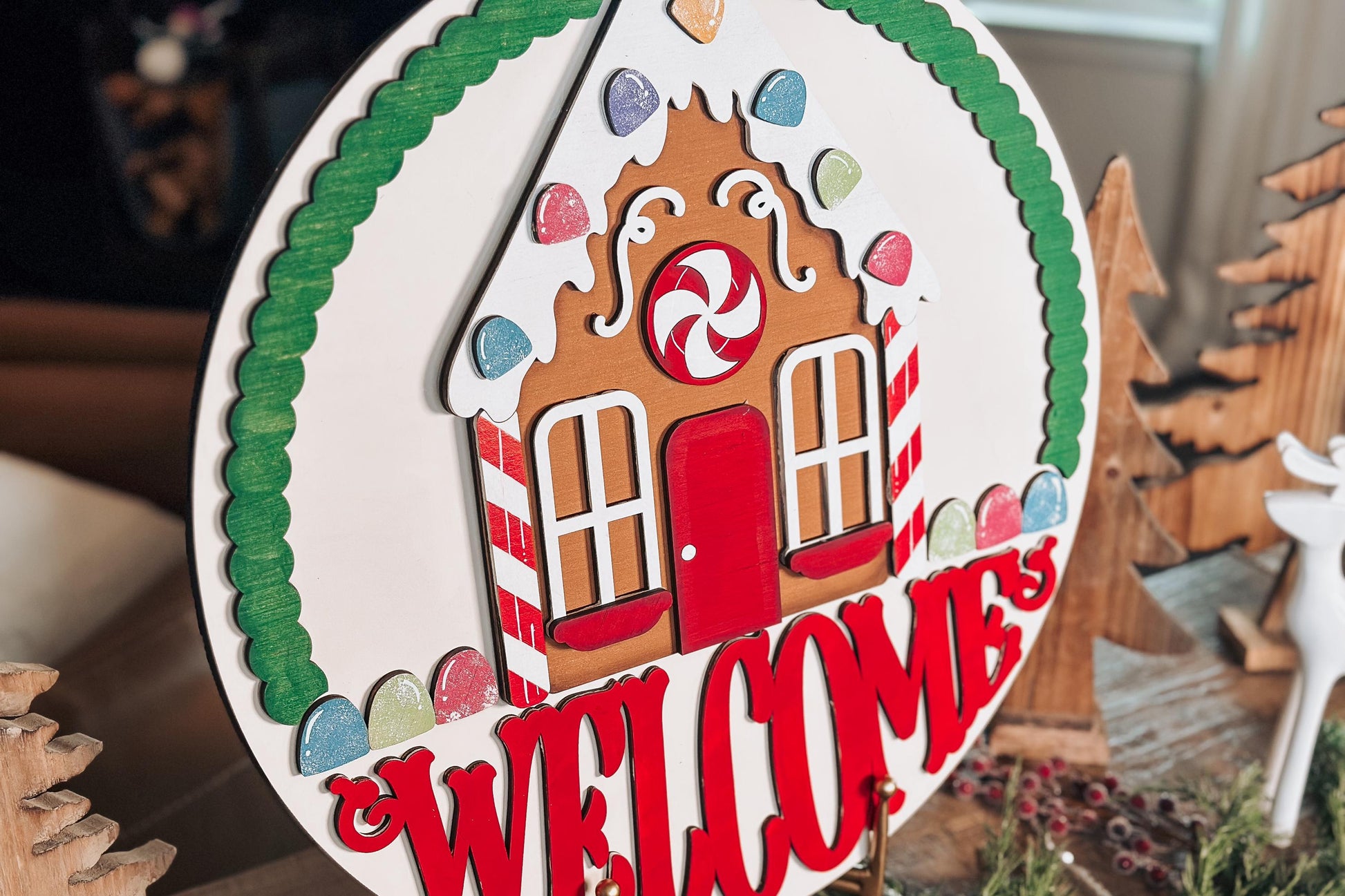 Gingerbread House Christmas Door Hanger SVG, Laser Cut Welcome Sign, Holiday Candy Decor, Christmas Porch Round Sign File