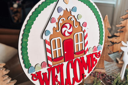 Gingerbread House Christmas Door Hanger SVG, Laser Cut Welcome Sign, Holiday Candy Decor, Christmas Porch Round Sign File