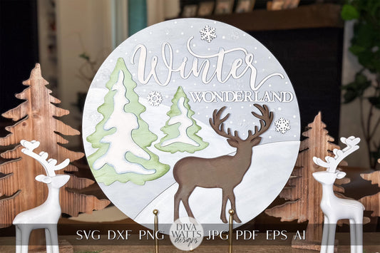 Winter Wonderland SVG Laser Cut File | Deer & Trees Winter Door Hanger | Christmas Layered Round Sign SVG | Holiday Laser Cut Design