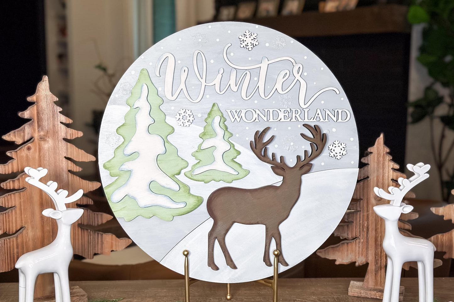 Winter Wonderland SVG Laser Cut File | Deer & Trees Winter Door Hanger | Christmas Layered Round Sign SVG | Holiday Laser Cut Design