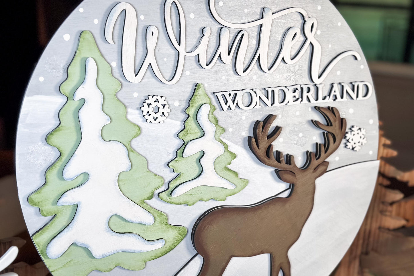 Winter Wonderland SVG Laser Cut File | Deer & Trees Winter Door Hanger | Christmas Layered Round Sign SVG | Holiday Laser Cut Design