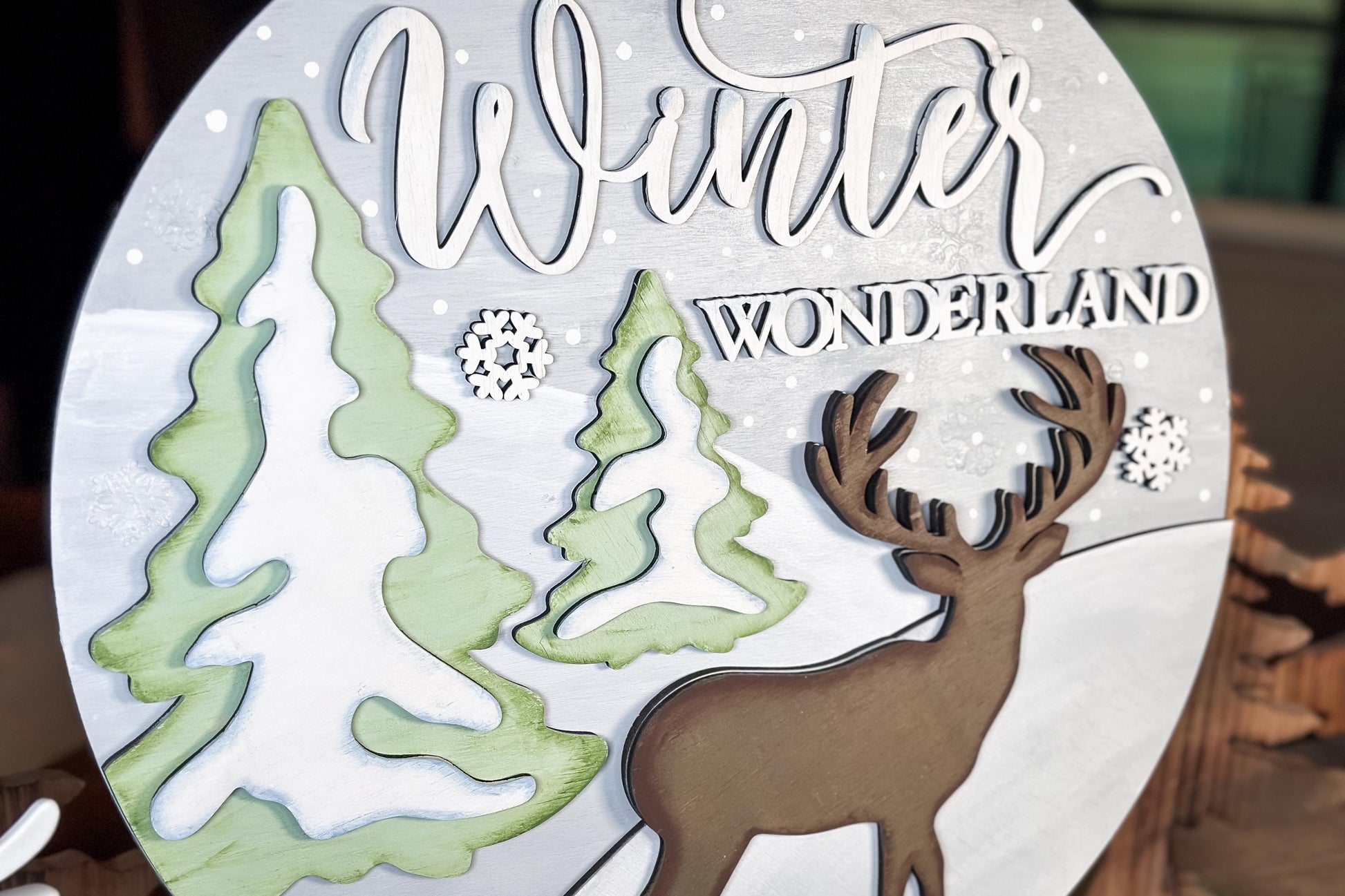 Winter Wonderland SVG Laser Cut File | Deer & Trees Winter Door Hanger | Christmas Layered Round Sign SVG | Holiday Laser Cut Design