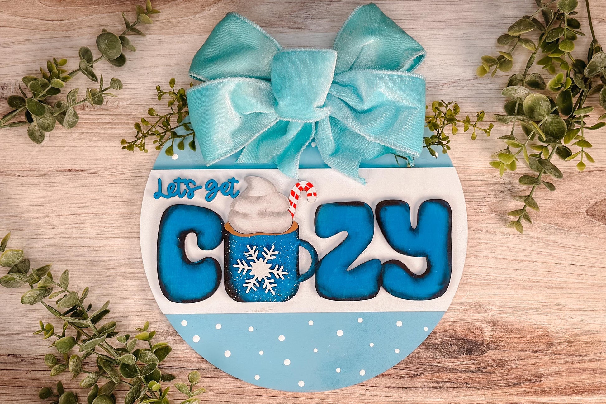 Let’s Get Cozy Door Hanger SVG | Cozy Mug with Snowflake Laser Cut File | Winter Home Decor for Laser Machines