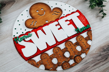 Home Sweet Home Gingerbread Door Hanger SVG | Cute Gingerbread Men Christmas Decor | Holiday Laser Cut File